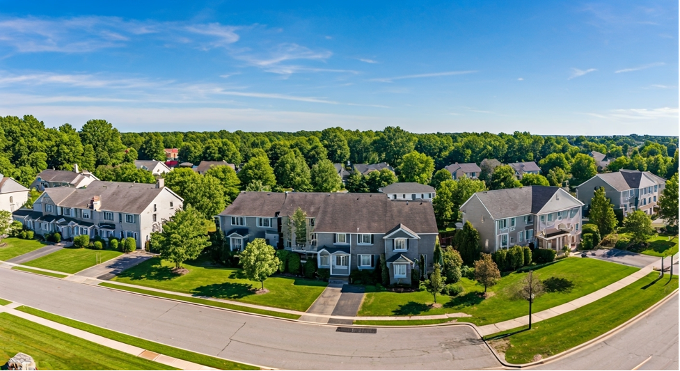 Aerial view of a suburban neighborhood with rows of gray houses, green lawns, and trees under a blue sky. Peaceful and sunny setting.