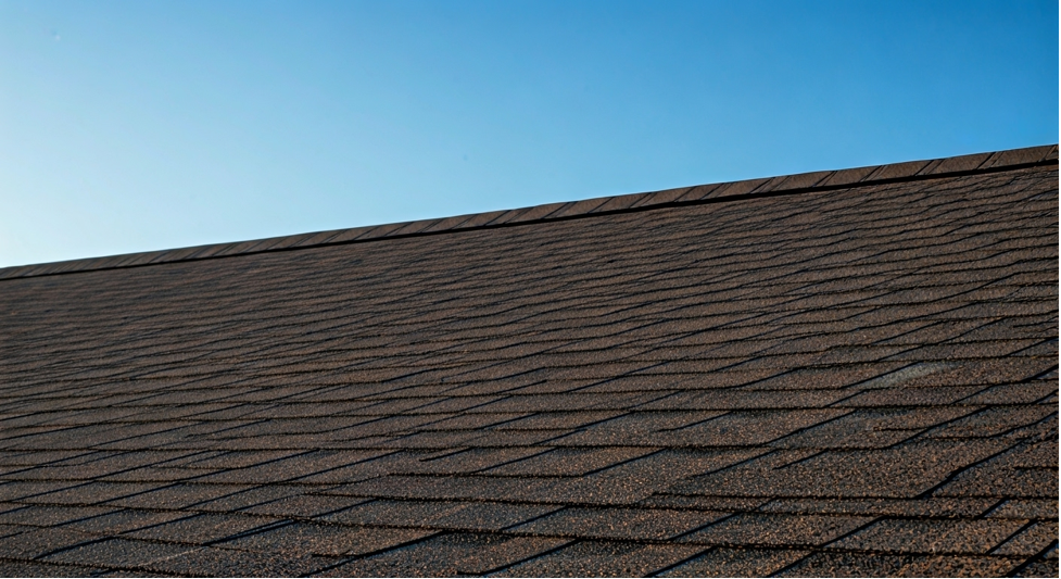 Brown shingle roof against a clear blue sky. The roof's linear pattern is prominent, creating a simple and calm scene. No text visible.