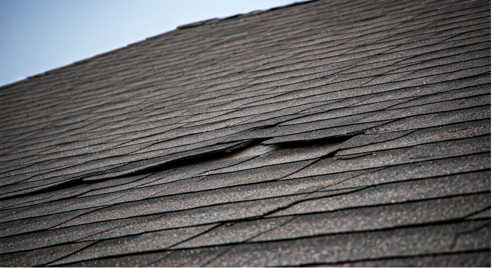 Close-up of a roof with damaged, lifted shingles. The dark gray surface contrasts with a pale sky, suggesting wear and the need for repair.