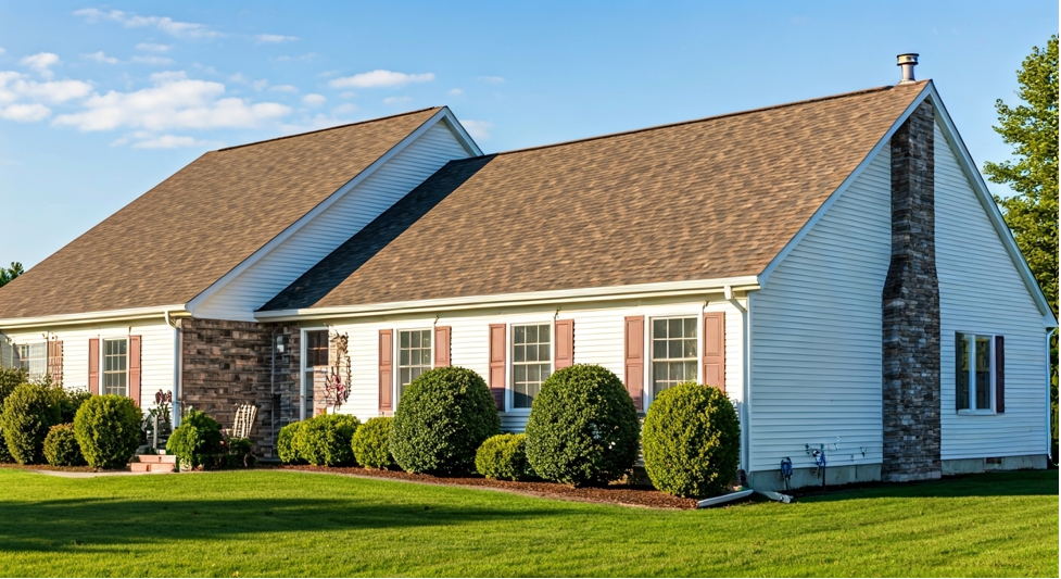 Suburban house with brown roof, white siding, and brick accents. Green lawn and shrubs in front, blue sky with clouds overhead.