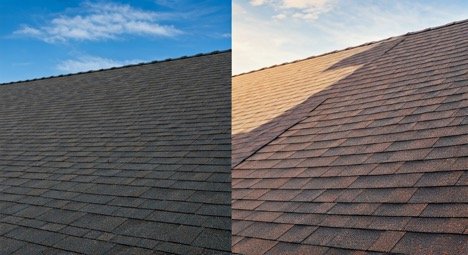 Side-by-side roof comparison: left is dark gray shingles, right is brown shingles under bright sky. Different lighting contrasts surfaces.