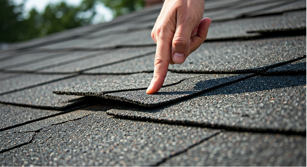 Finger lifting a loose gray asphalt shingle on a sloped roof, indicating potential damage. Blurred green trees in the background.